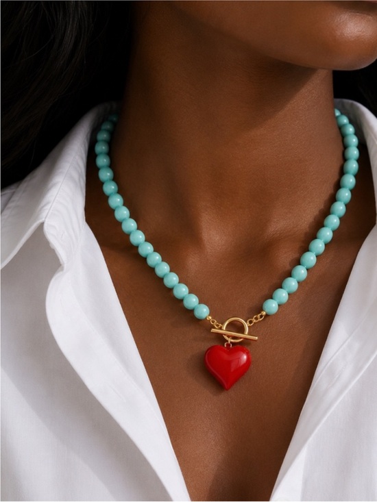 Jewelry - New! Cyan Beaded Red Heart Charm Dopamine Necklace NWOT 3014